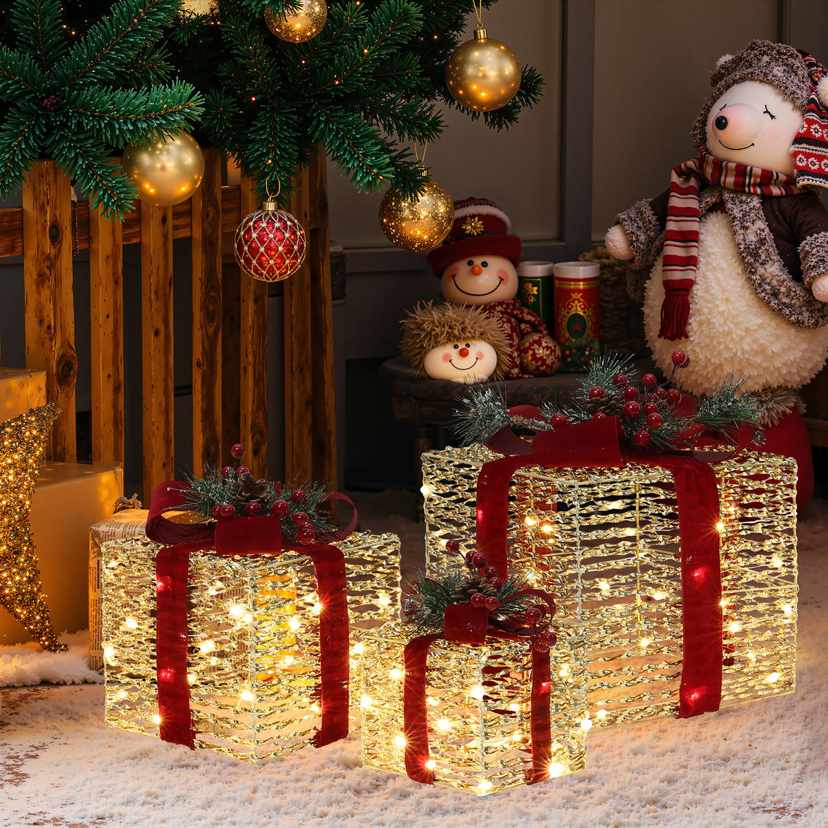 3ER-SET LED-Geschenkboxen – Weihnachtsdeko - Goldfarben, Textil (26/30/26cm) - Hometopia