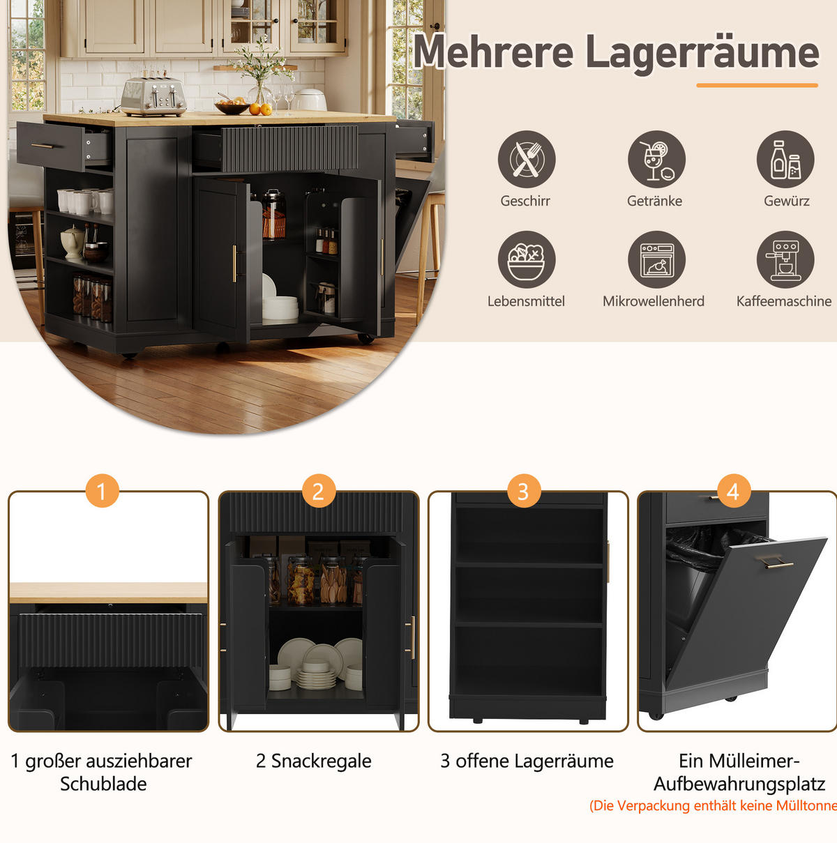 KÜCHENINSEL 120/50/92 cm aus MDF und Metall mit Rollen und Mülleimerfach Schwarz - Schwarz, Holzwerkstoff (120/92/50cm) - Modenvie
