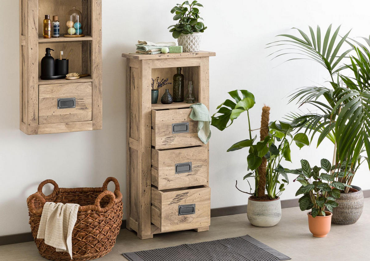 KOMMODE Mango 50x30x120 whitewash lackiert RAILWAY #381 - Beige, Holz (50/120/30cm) - Massivmoebel24