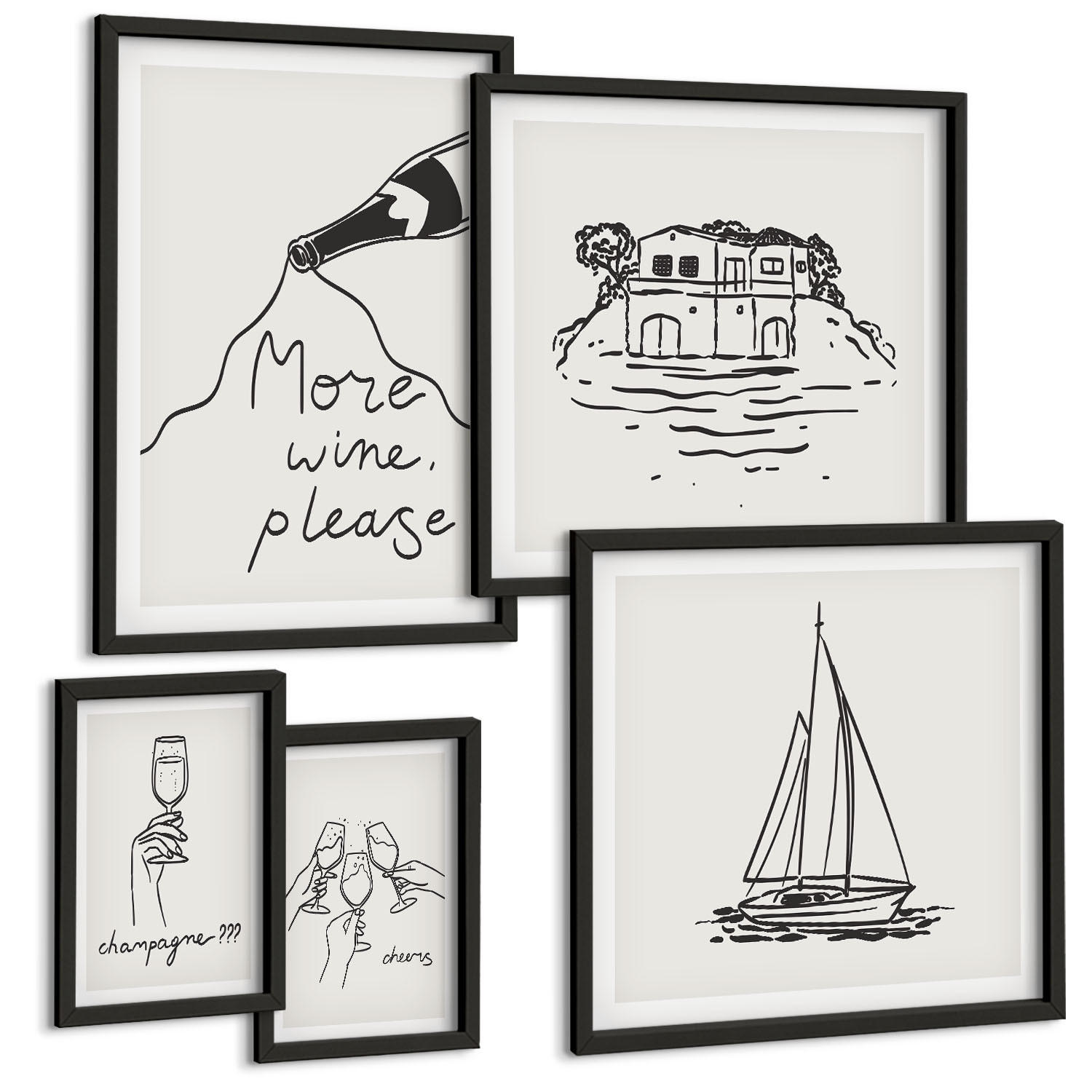 BILDER SET 5er Set - 50x50 cm & 20x30 cm & 40x60 cm Schwarzer Rahmen - Fröhliche Momente mit Champagner - Schwarz, Kunststoff (40/60cm) - TULUP