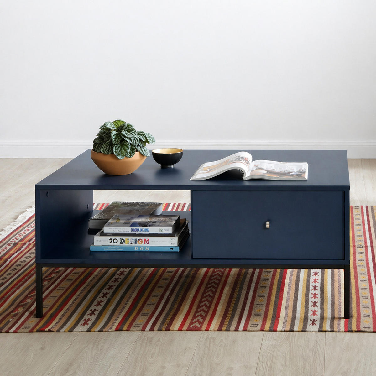 COUCHTISCH BARI Ł2SZ (Blau, Goldene Griffe, Schwarzes Gestell, Schubladen) - Goldfarben/Schwarz, Holz/Holzwerkstoff (68/104/46cm) - Ravio