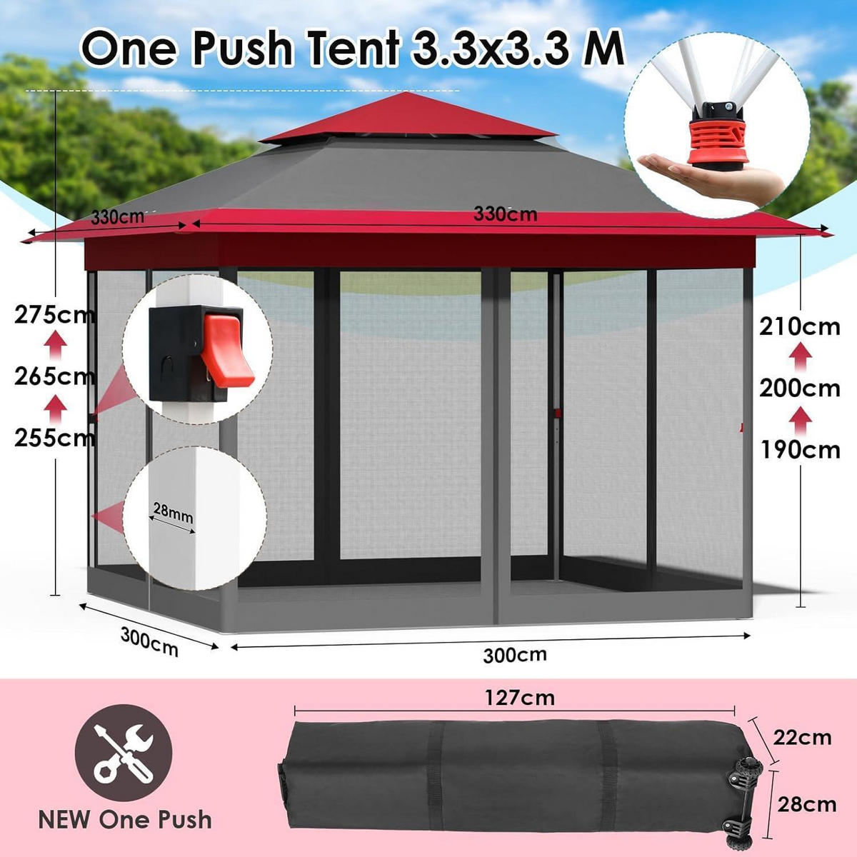 GARTENPAVILLON 3,3 x 3,3 m mit Moskitonetz und UV-Schutz - Multicolor, Metall (330/275/330cm)