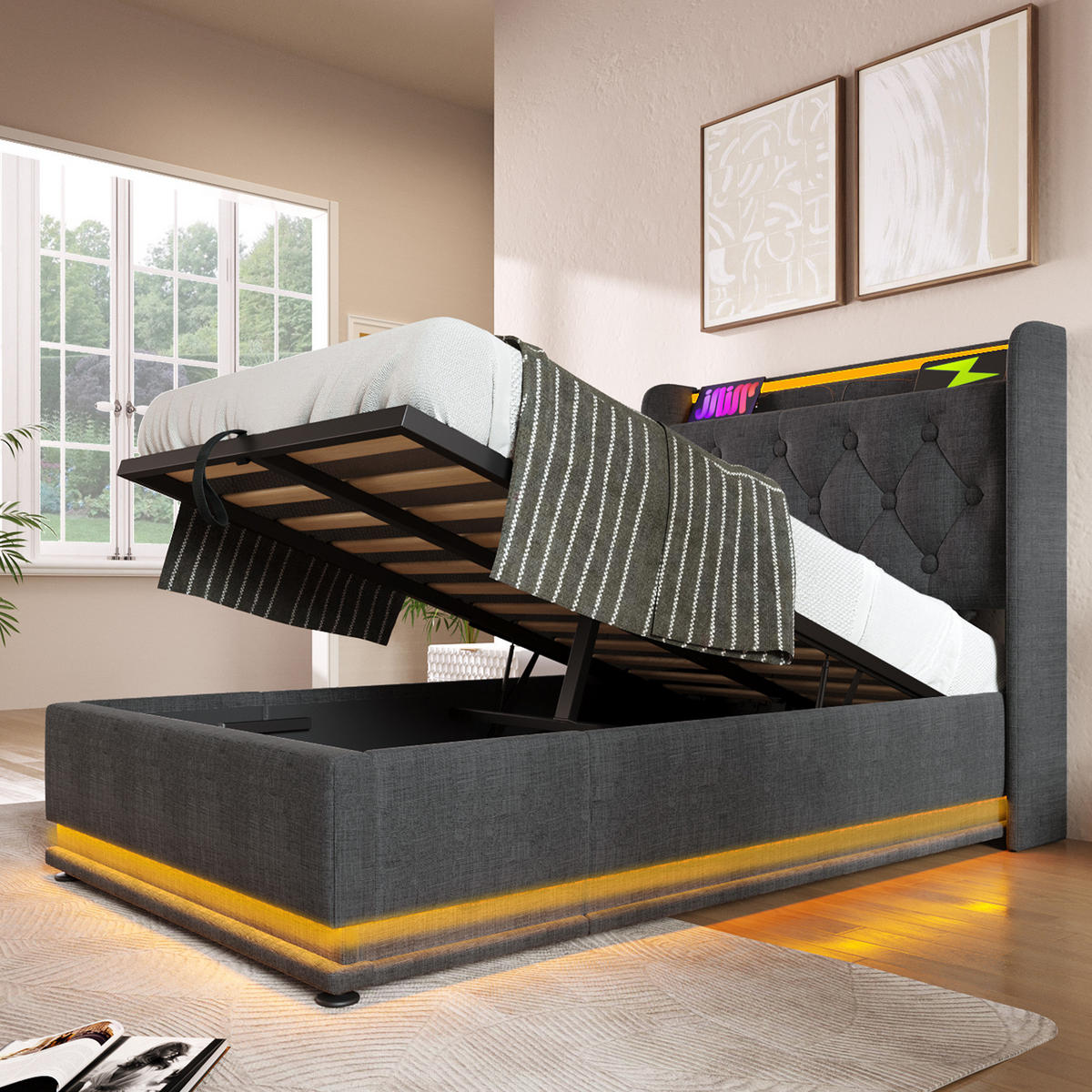 POLSTERBETT 90/200 cm mit LED-Beleuchtung, USB-C, hydraulischem Bettkasten und Matratze, Grau - Grau, Textil (90/200cm) - Redom