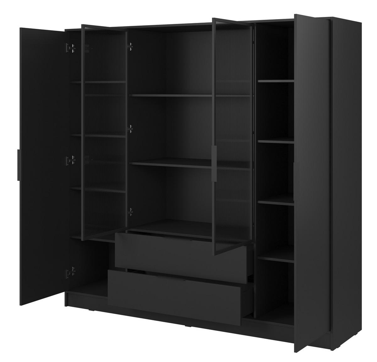 SCHRANK 206 cm mit Glas Kalma, Schubladen, 4 Türen, Schwarz - Schwarz, Holz (206/200/51cm) - Emporius
