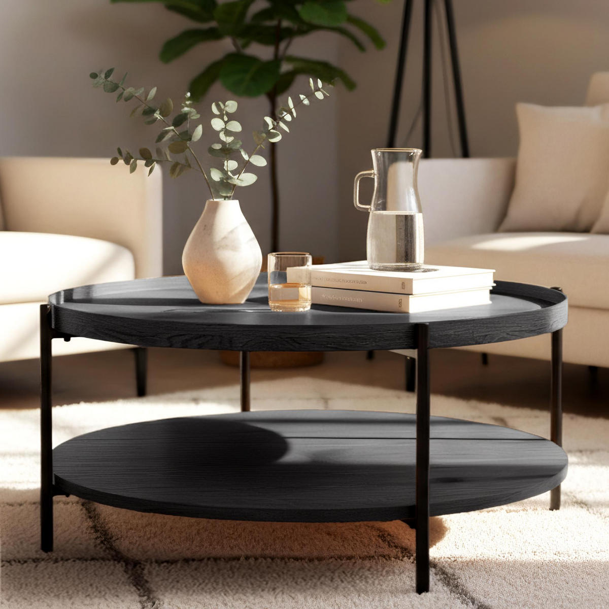 COUCHTISCH Honim Holz Grau Beistelltisch Rund - Grau, Holz (80/80/40cm) - DELUKE