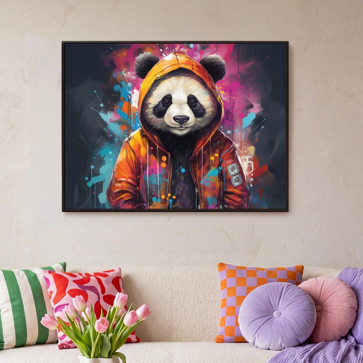 LEINWAND Bilder mit Rahmen - Panda - Jacke - Graffiti - Orange - 100x70 - Orange, Textil (100/70cm) - MuchoWow
