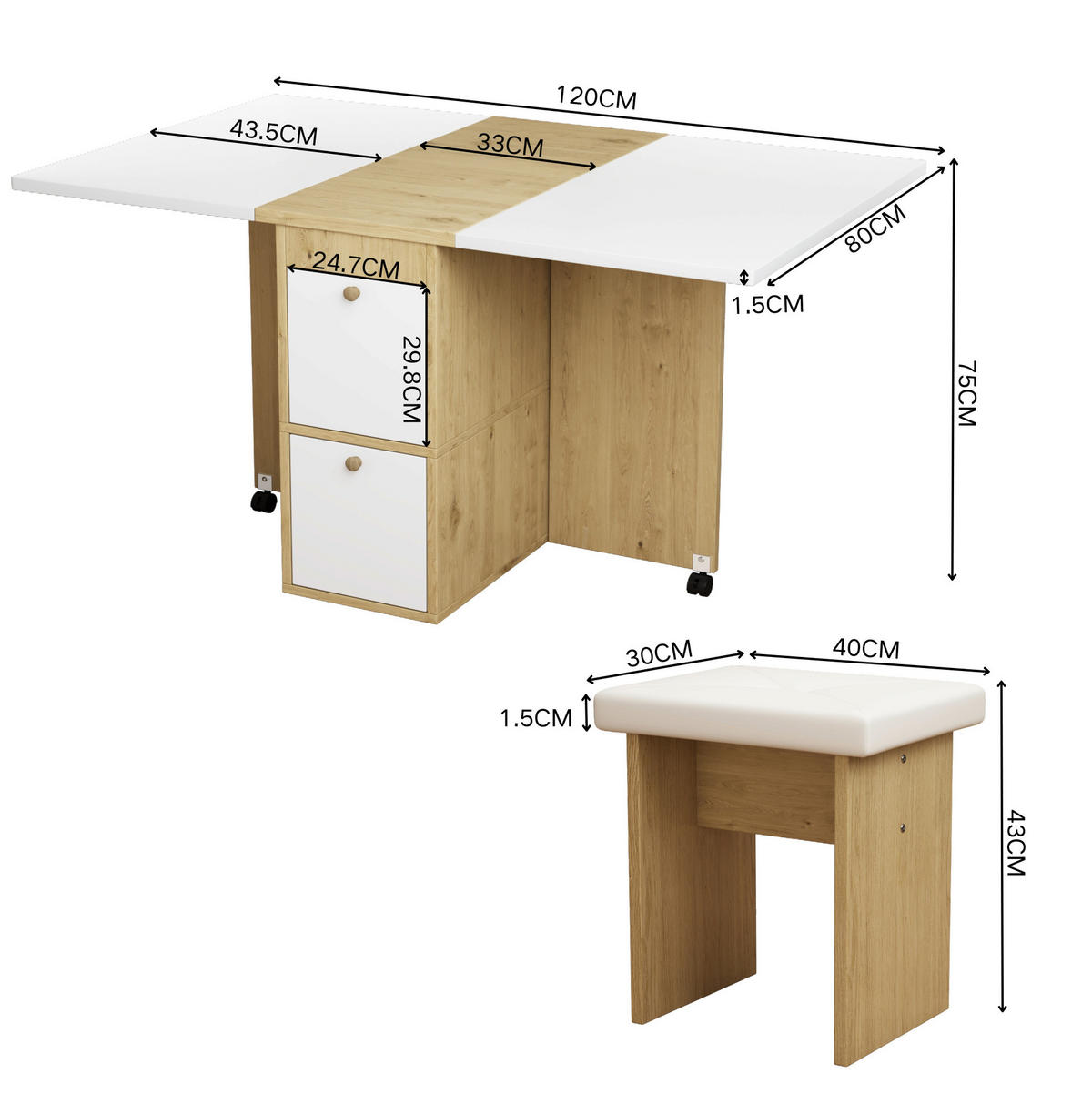 TISCHGRUPPE für 4 Personen klappbar und ausziehbar in Weiß/Eiche - Weiß, Holzwerkstoff (80/75/120cm) - BEAOK