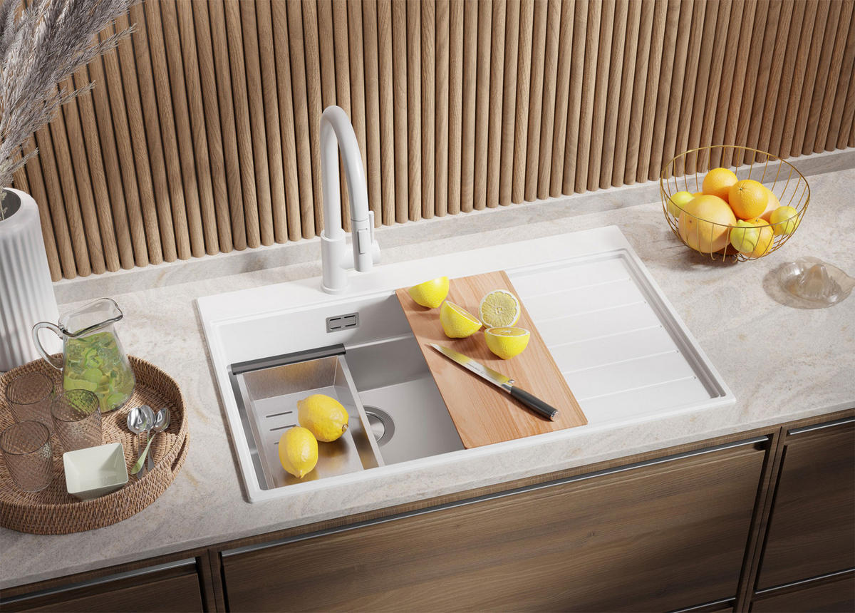 SPÜLBECKEN Sydney, 2-er set Weiß 78/50 cm 1 Becken + Ablauf-Set + Küchenzubehörset ab 50er Unterschrank - Chromfarben/Beige, Kunststoff (78/20/50cm) - Primagran