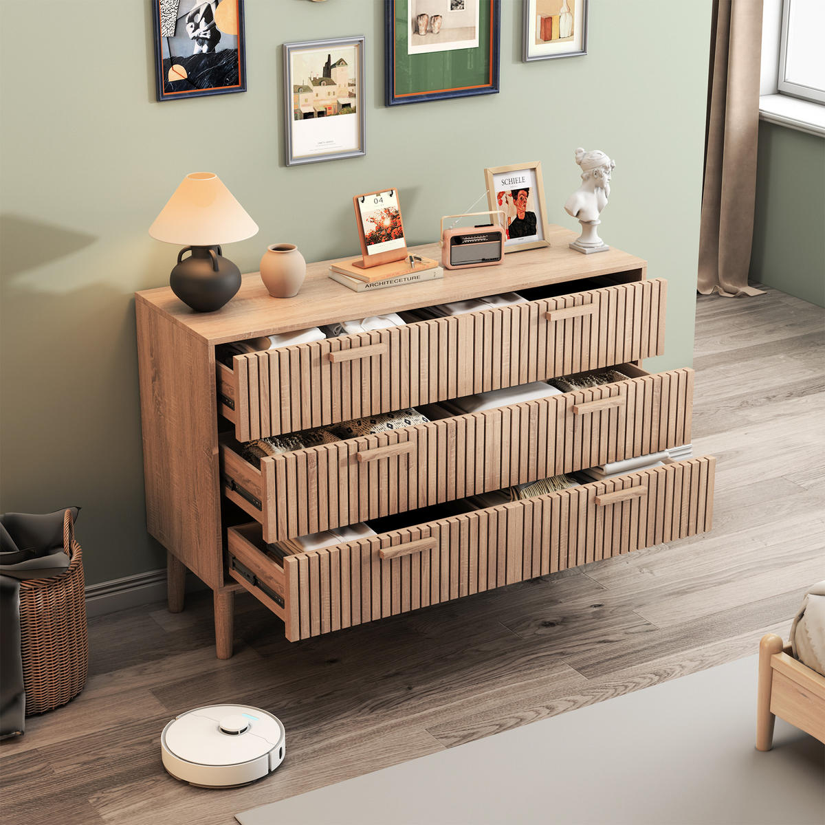 TRÄBYRÅ 6 lådor minimalistisk stor förvaringsvolym - Naturfärgad, Träbaserade material (34/73/100cm) - SHOPENTRA
