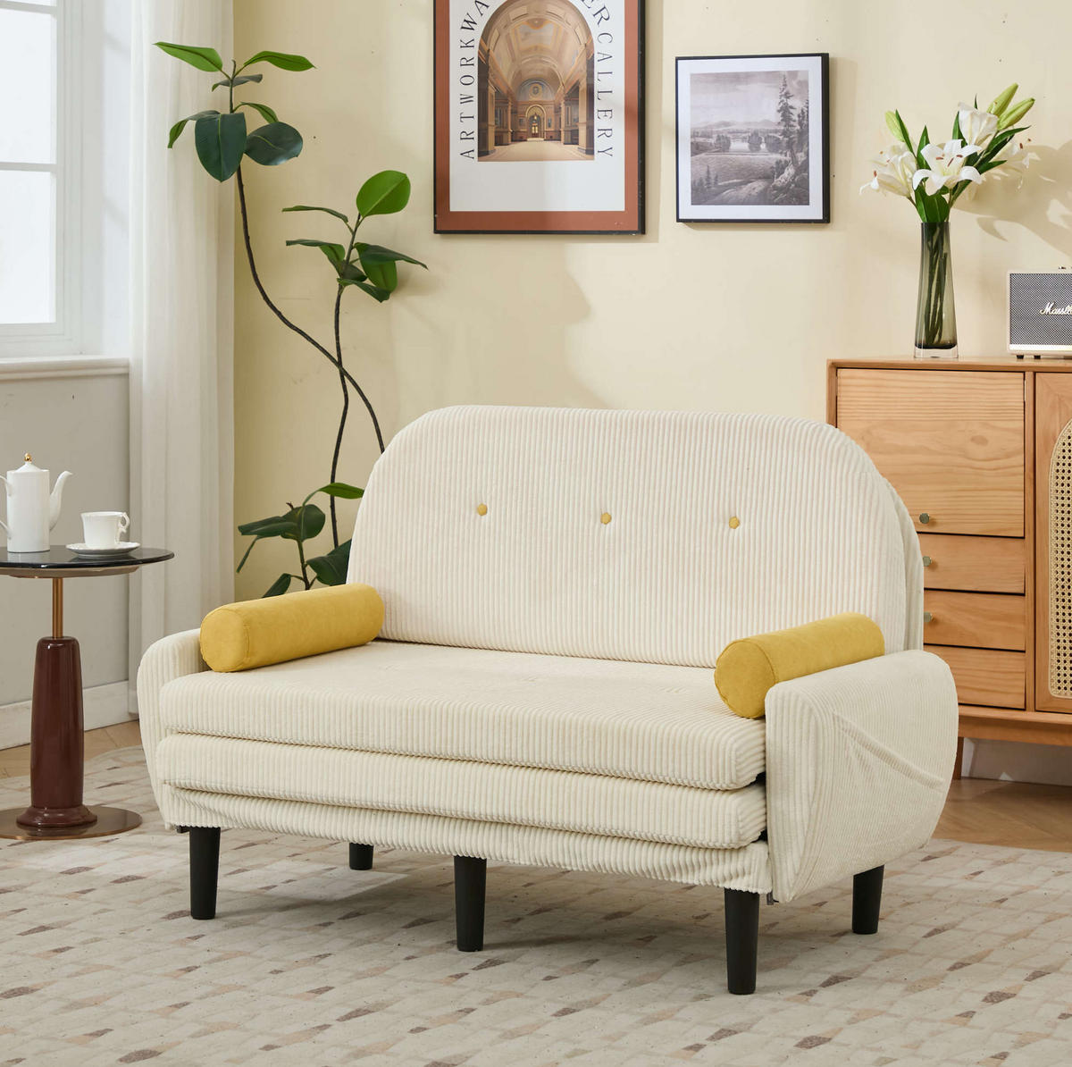 2-SITZER 133/77/85 cm elfenbeinfarben aus Cord mit verstellbarer Rückenlehne und 2 Kissen - Creme, Textil (77/85/133.5cm) - OKWISH