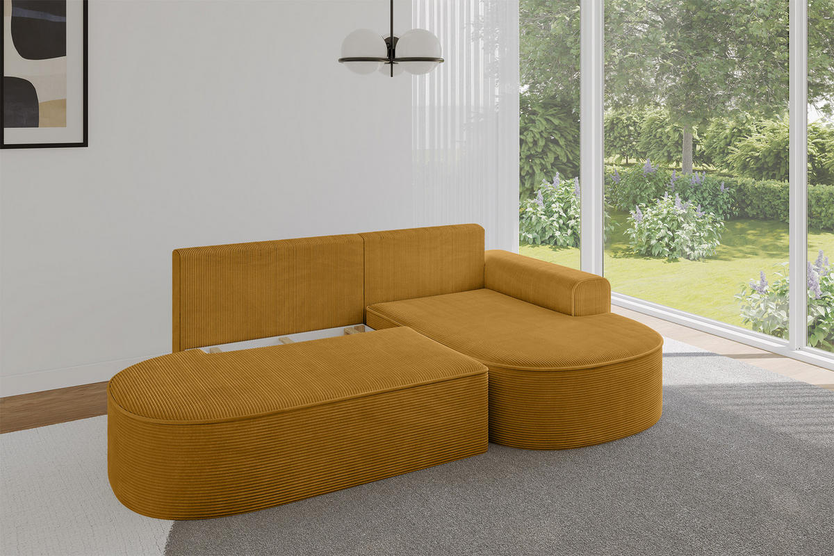 ECKSOFA mit Schlaffunktion und Bettkasten Ottomane Rechts MARI-L1-S - 283x167x85 cm Senfgelb Cord - Gelb/Schwarz, Holzwerkstoff/Kunststoff (167/283cm) - ALTDECOR