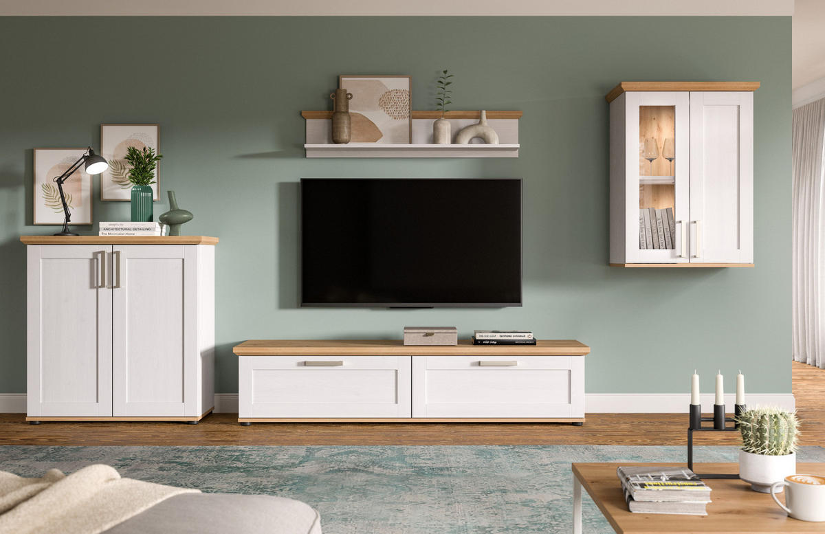WOHNWAND 4-teilig weiß Lärche, Eiche Artisan 336 cm Landhaus, Schrankwand mit viel Stauraum - Silberfarben/Schwarz, Holzwerkstoff/Kunststoff (336/171/40cm) - Inn.Furn