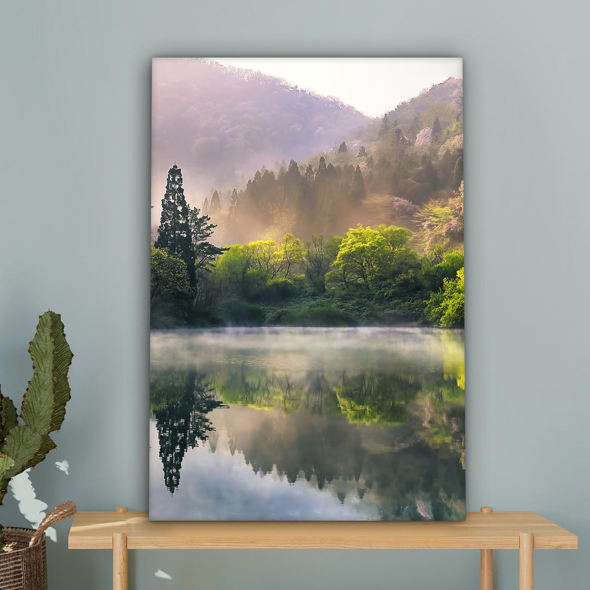 LEINWANDBILD Natur - Bäume - Berge - See - Wasser 40x60 cm - Hellgrün, Textil (40/60cm) - MuchoWow