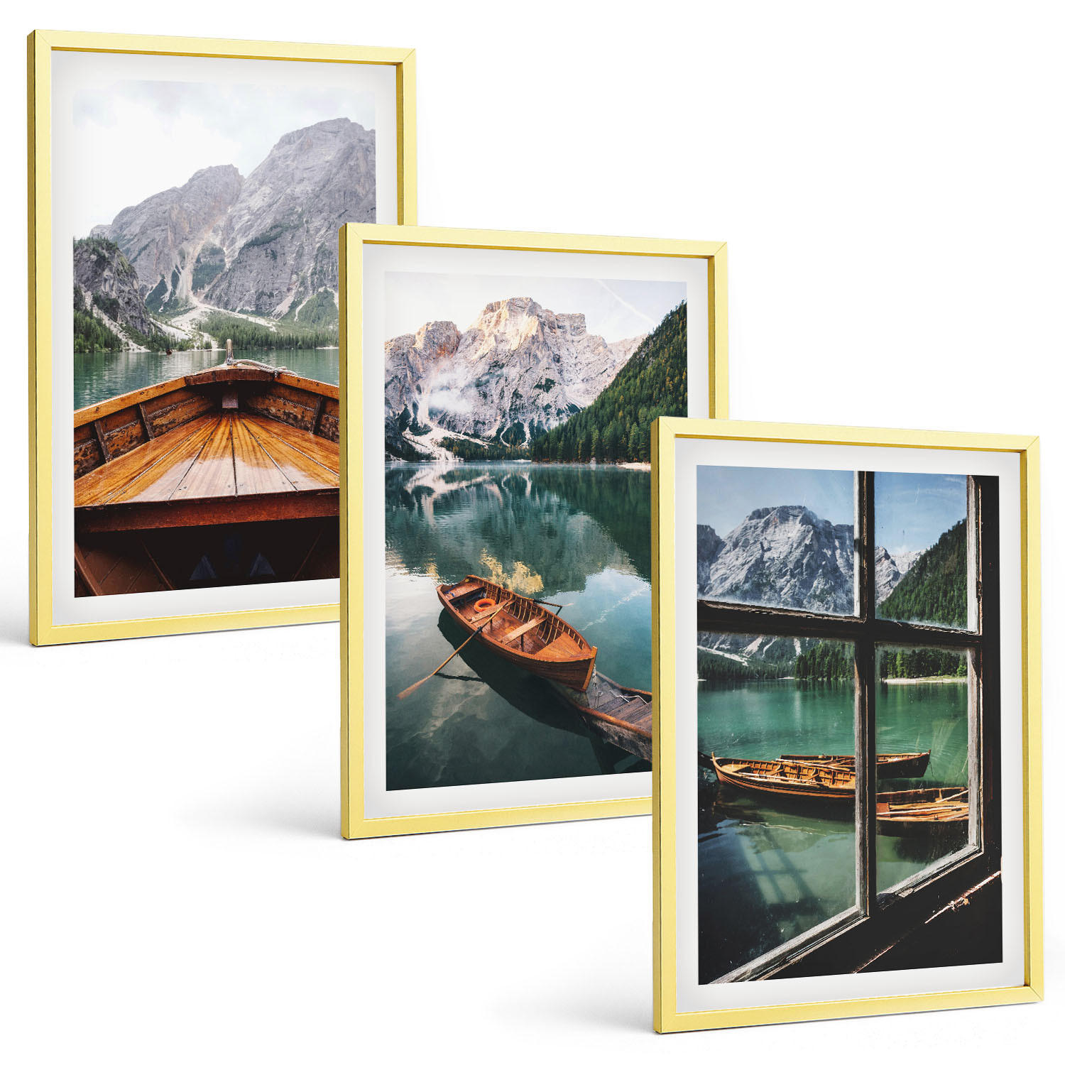 BILDER SET 3er Set - 40x60 cm Goldrahmen - Fenster für Boote auf dem Bergsee - Goldfarben, Kunststoff (40/60cm) - TULUP