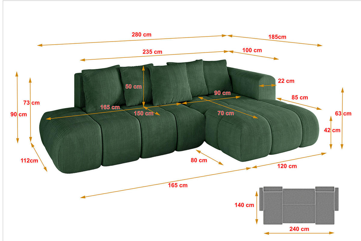 ECKSOFA Ottomane Rechts CLOUD-L-v1 280x185x90 Grün Cord - Grün, Holzwerkstoff/Kunststoff (185/280cm) - ALTDECOR