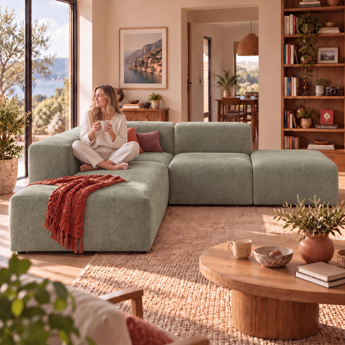 4-SITZER modulares Ecksofa HEAVEN SET 3 Links, Breite 270 cm Webstoff Grün - Schwarz/Grün, Holz/Kunststoff (245/270cm) - Muffo