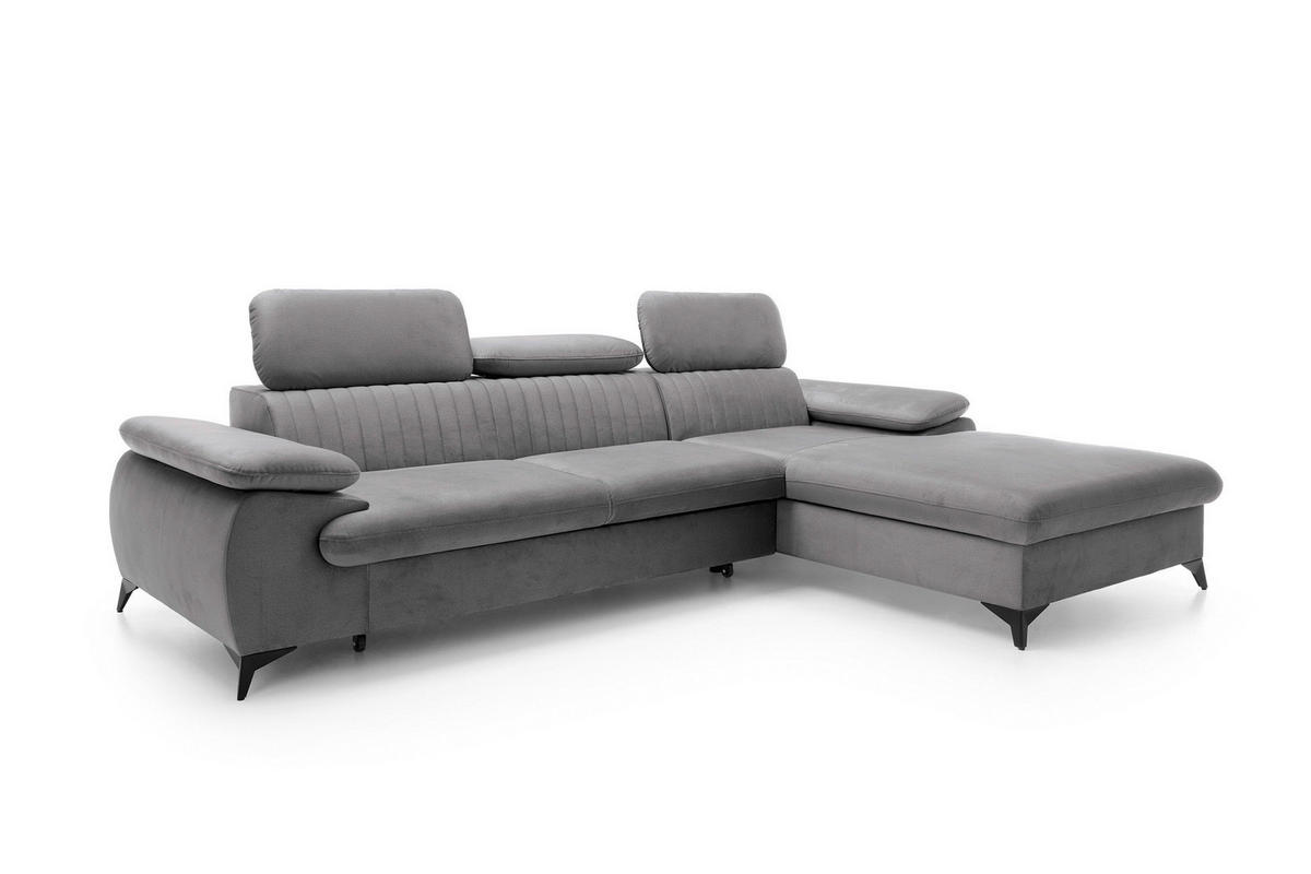ECKSOFA FIORE Grau Velours-Stoff mit Schlaffunktion - Grau, Holz (280/193cm) - MASSENO