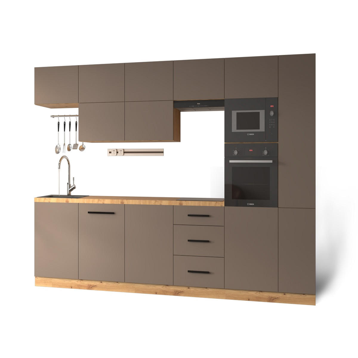 KÜCHENZEILE 240 - Langen KL3-M340 in Beige/Matt - Beige/Schwarz, Holz (340/212/58cm)