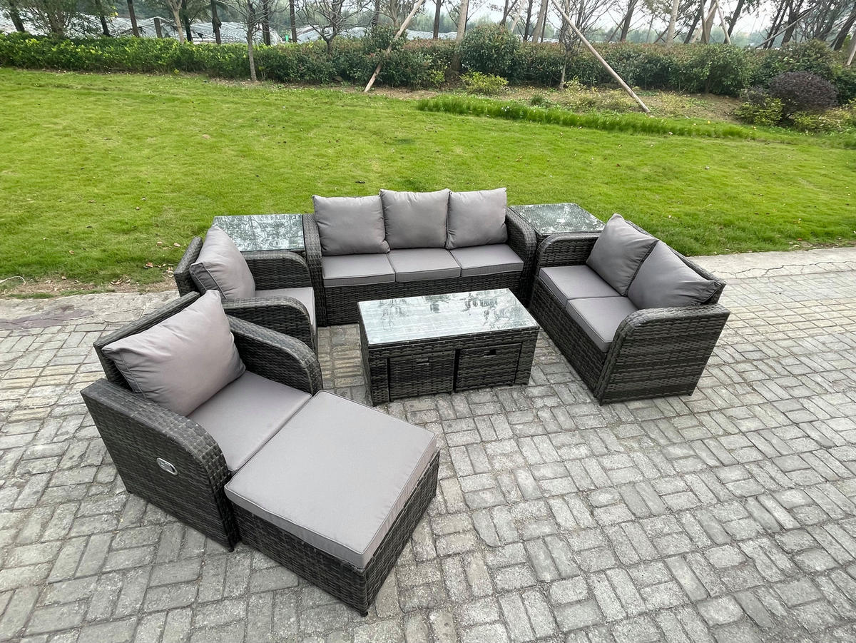 GARTENSOFA SET mit rechteckigem COUCHTISCH Polyrattan 10-Sitzer Dunkelgrau - Dunkelgrau/Grau, Glas/Kunststoff - Fimous