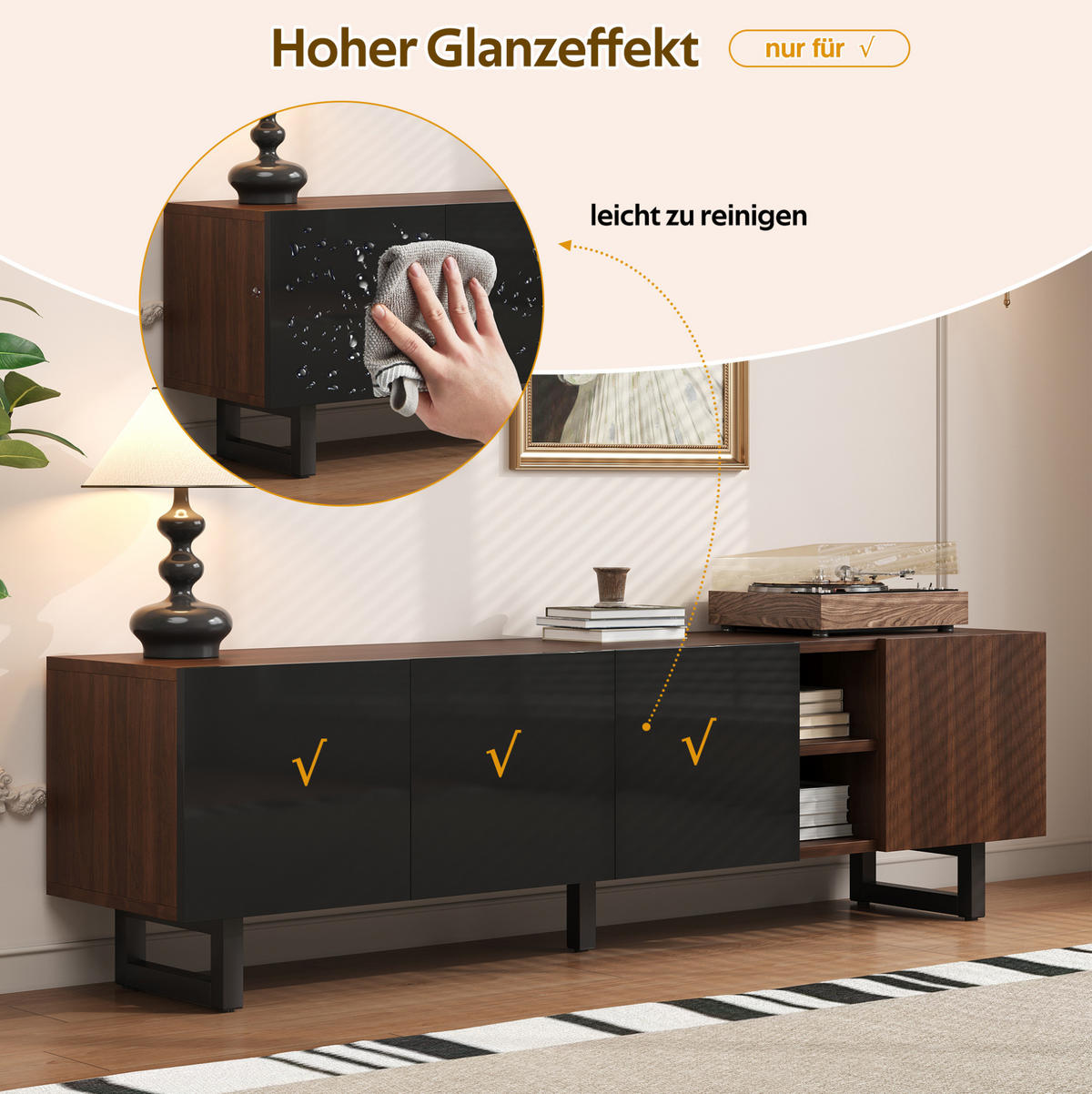 TV-LOWBOARD 180/38/50 cm in Schwarz/Natur mit Hochglanzfronten und 4 Türen - Hellbraun, Holzwerkstoff (180/50/38cm) - Flora Grace