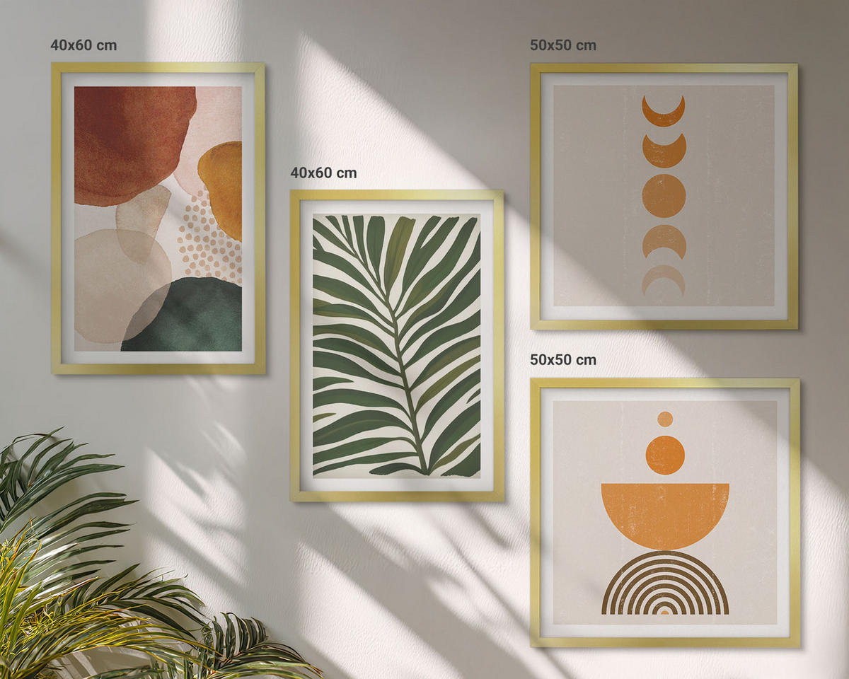 BILDER SET 4er Set - 50x50 cm & 40x60 cm Goldrahmen - Abstrakte Blattformen - Goldfarben, Kunststoff (50/50cm) - TULUP