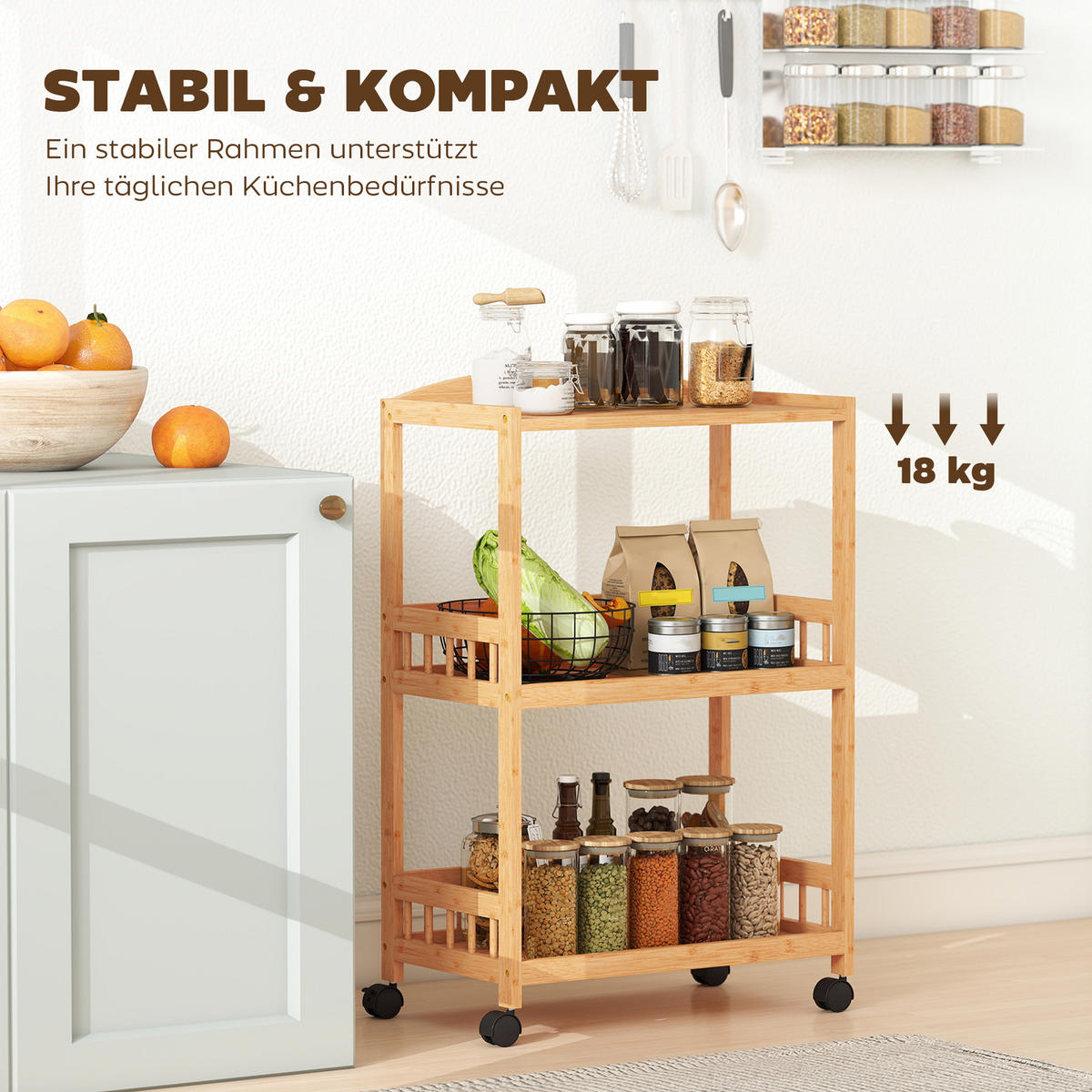 KÜCHENWAGEN DE-10528 3 Ebenen, Bambus Naturholz - Naturfarben, Naturmaterialien (30.5/83/53cm) - ComfortXL
