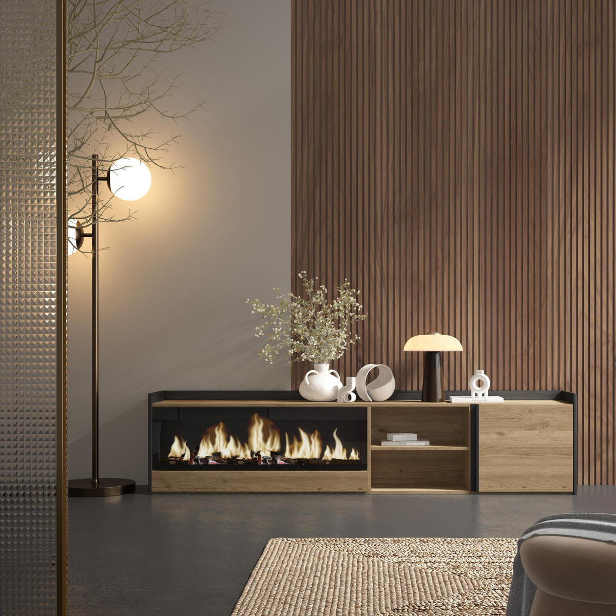 LOWBOARD, Eiche und Schwarz, 212/35/50cm, Kamin mit Feuereffekt XXL - Eichefarben, Holzwerkstoff (212/50/35cm) - Skraut Home