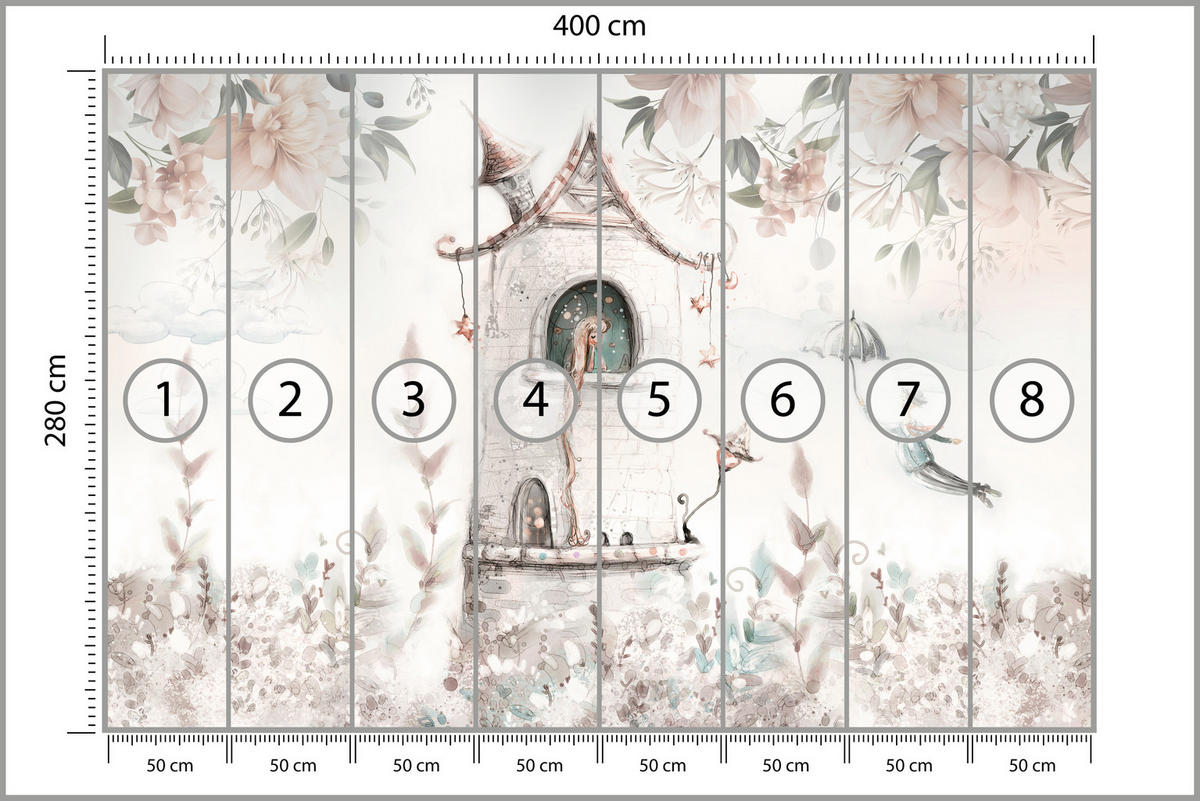 FOTOTAPETE für Kinderzimmer Prinzessin Turm Blumen Pflanzen 400x280 - Multicolor, Papier (400/280cm) - Muralo