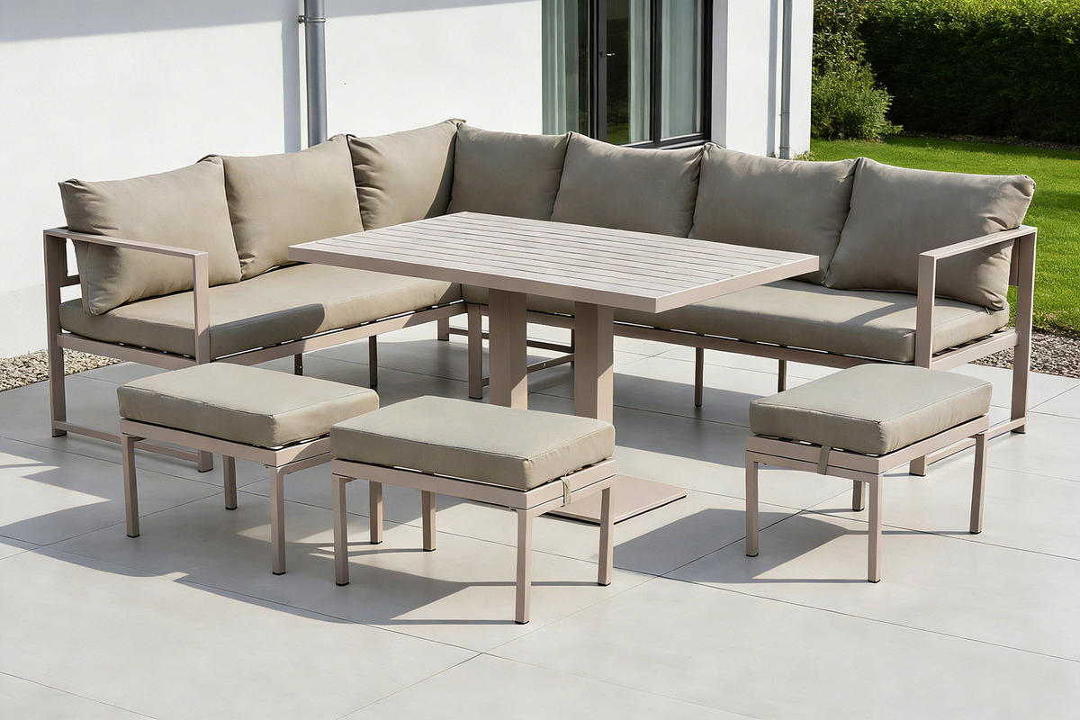 DINING-LOUNGESET - 6-teilig - Eisen / Polyester - Taupe, Textil/Metall - home24