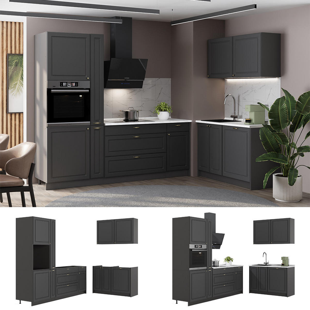 KUCHYNĚ Fame-Line, Anthrazit-Gold Landhaus/Antracit, 220 x 120 cm, PD Mramor - antracitová, kompozitní dřevo (220/206.8/60cm) - Vicco