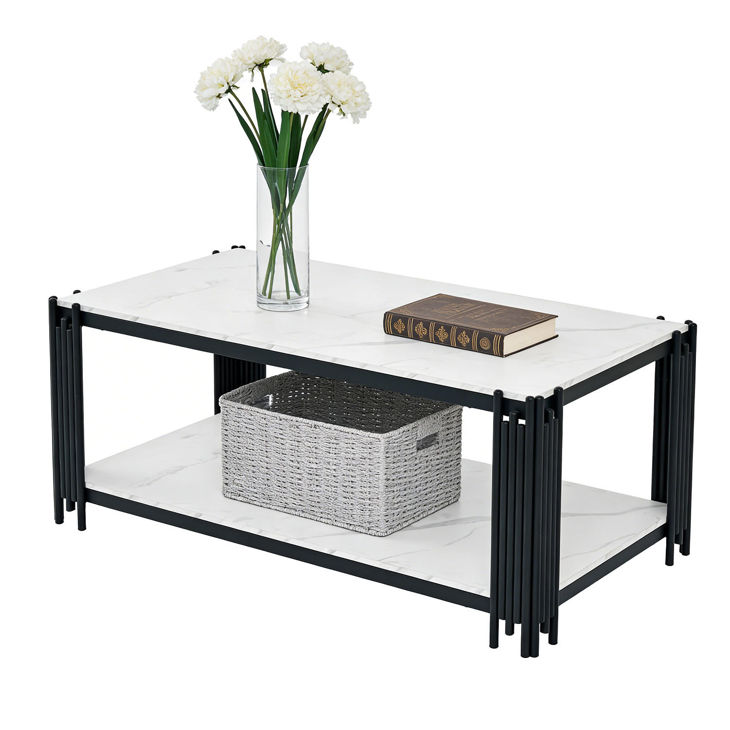 COUCHTISCH 2-stufig, Marmoroptik, Holzwerkstoff, Metallgestell, Weiß und Schwarz - Schwarz/Weiß, Holzwerkstoff (114/64/46cm) - Meubles Cosy