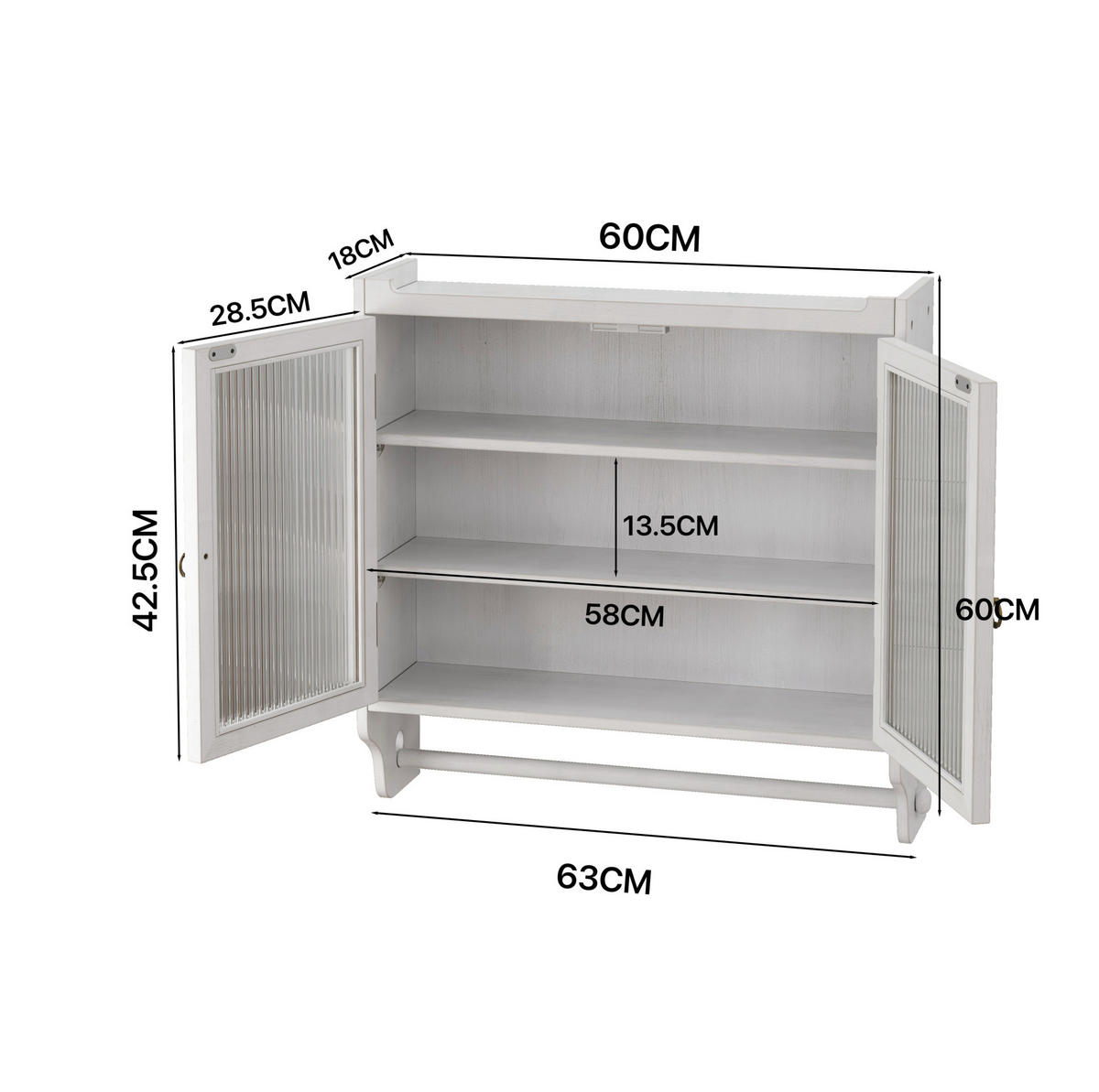 KÜCHENOBERSCHRANK 63/60/18 cm mit Glastüren, 3 Ebenen und Handtuchhalter aus Massivholz und MDF, White Washed - Weiß, Holz (63/60/18cm) - Redom