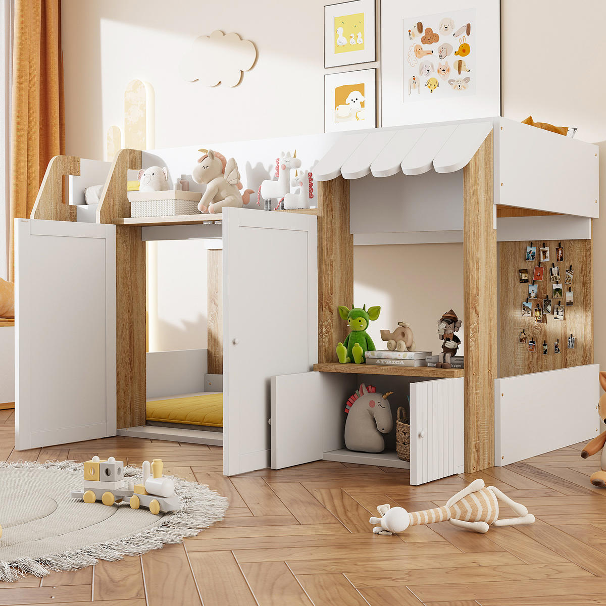 HOCHBETT 90/200 cm Weiß/Natur aus Holz mit Hausrahmen und Stauraum - Weiß, Holzwerkstoff (90/200cm) - OKMYHOME
