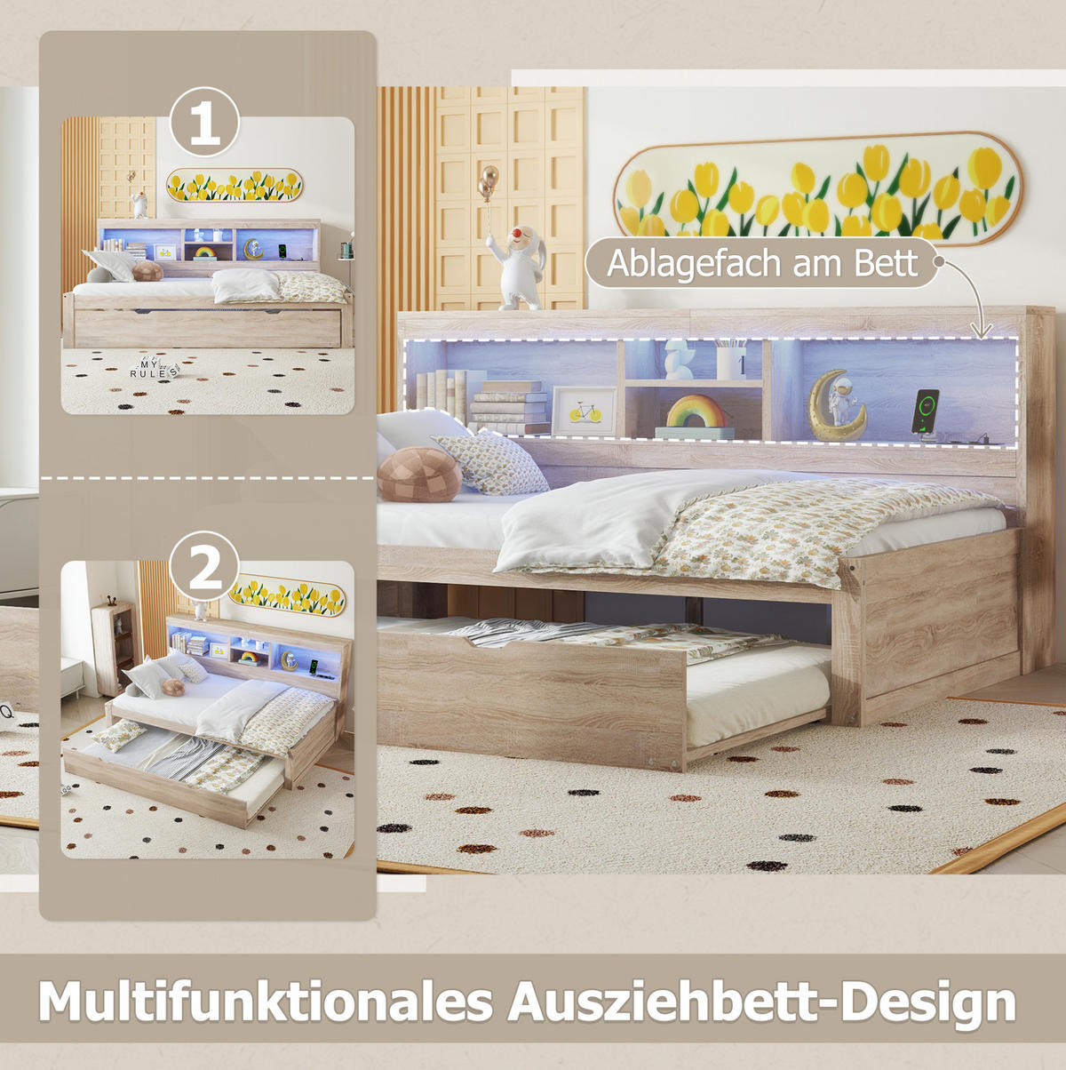 MULTIFUNKTIONSBETT 90/200 cm Natur mit LED-Beleuchtung und Steckdose USB-Anschlüssen - Naturfarben, Holzwerkstoff (90/200cm) - OKWISH