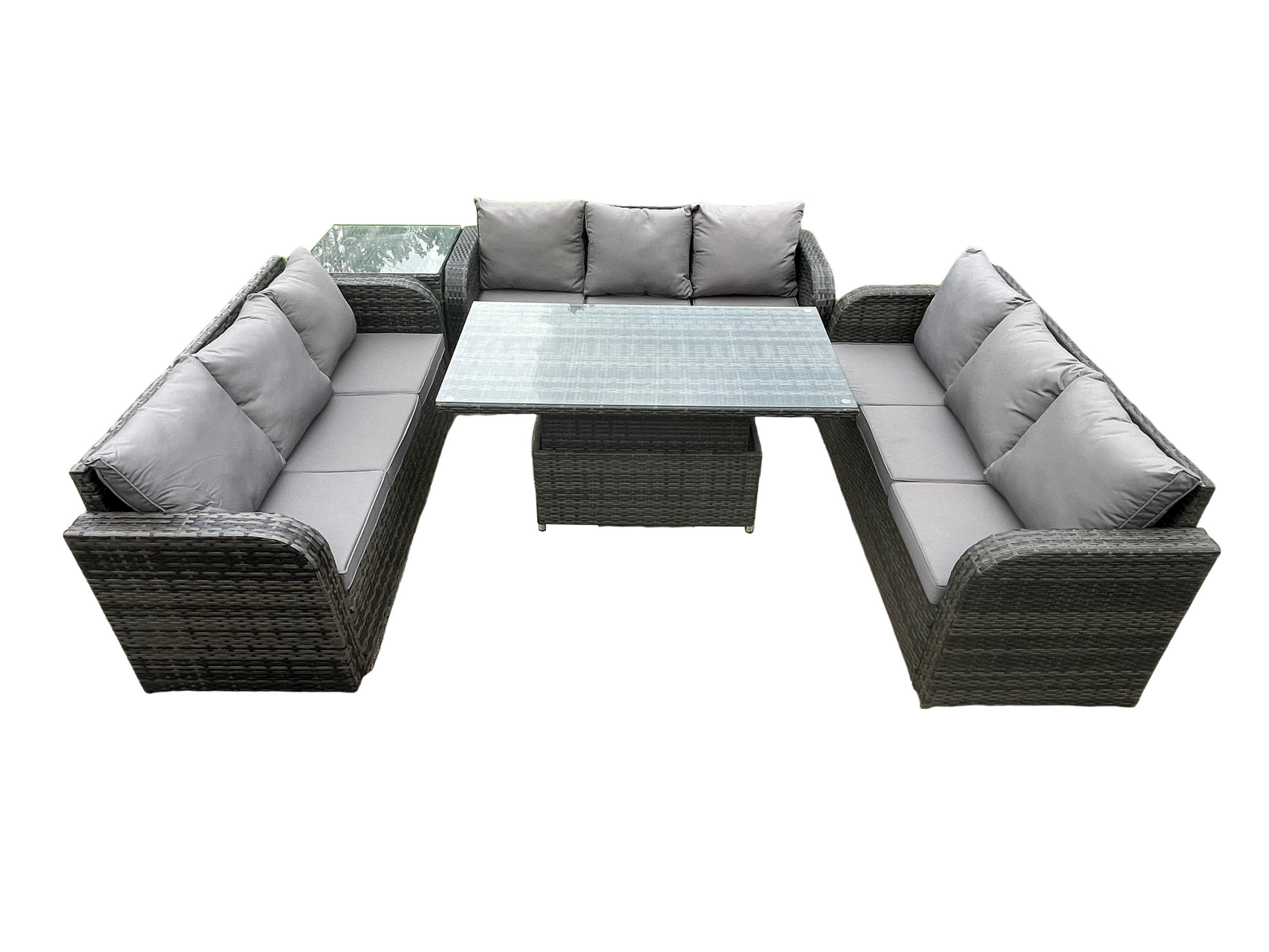 LOUNGESOFA Polyrattan 9-Sitzer - Dunkelgrau/Grau, Glas/Kunststoff - Fimous