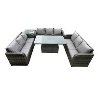 LOUNGESOFA Polyrattan 9-Sitzer - Dunkelgrau/Grau, Glas/Kunststoff - Fimous