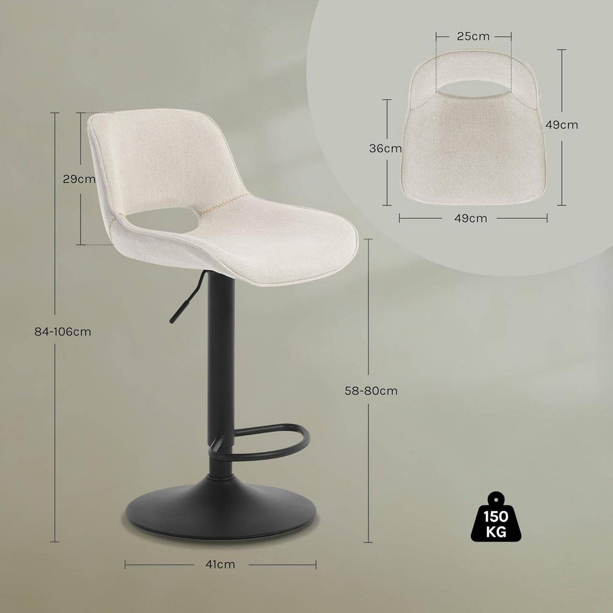 BARHOCKER höhenverstellbar, aus Metall - Beige, Textil/Metall (49/106/49cm) - Woltu