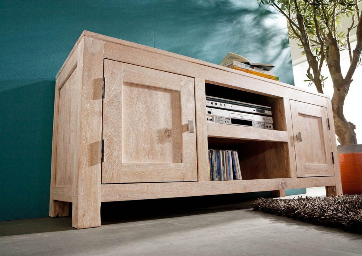 TV-BOARD Akazie 145x45x60 white stone getüncht NATURE WHITE #41 - Beige, Holz (45/60/145cm) - Massivmoebel24