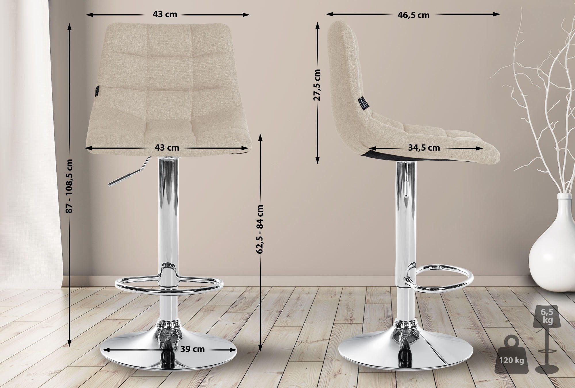 BARHOCKER 2er-Set DUBAI Creme Stoff Chrom - Creme, Textil/Metall (43/87/46.5cm) - DELUKE