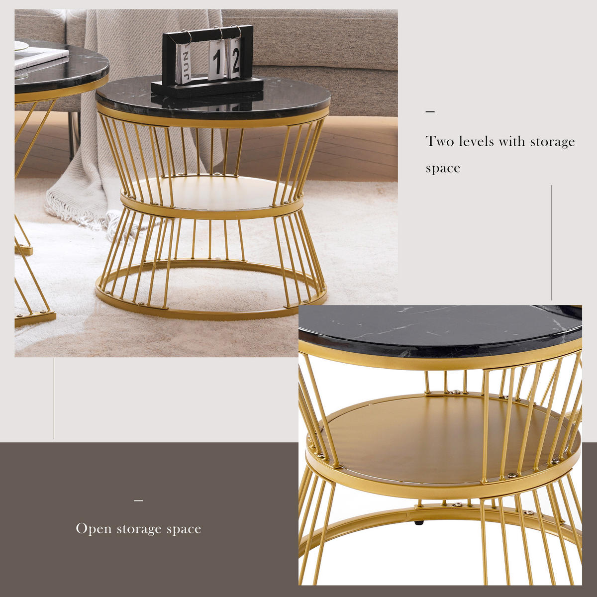 COUCHTISCH Schwarz 2er-Set mit Marmoroptik und goldfarbenem Gestell - Schwarz, Holzwerkstoff (70/70/45cm) - PANGIVO