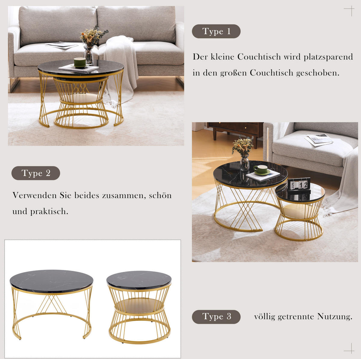 COUCHTISCH-SET 70/70/47 cm & 45/45/40 cm in Marmoroptik mit Goldgestell - Schwarz, Holzwerkstoff (70/70/45cm) - Flora Grace