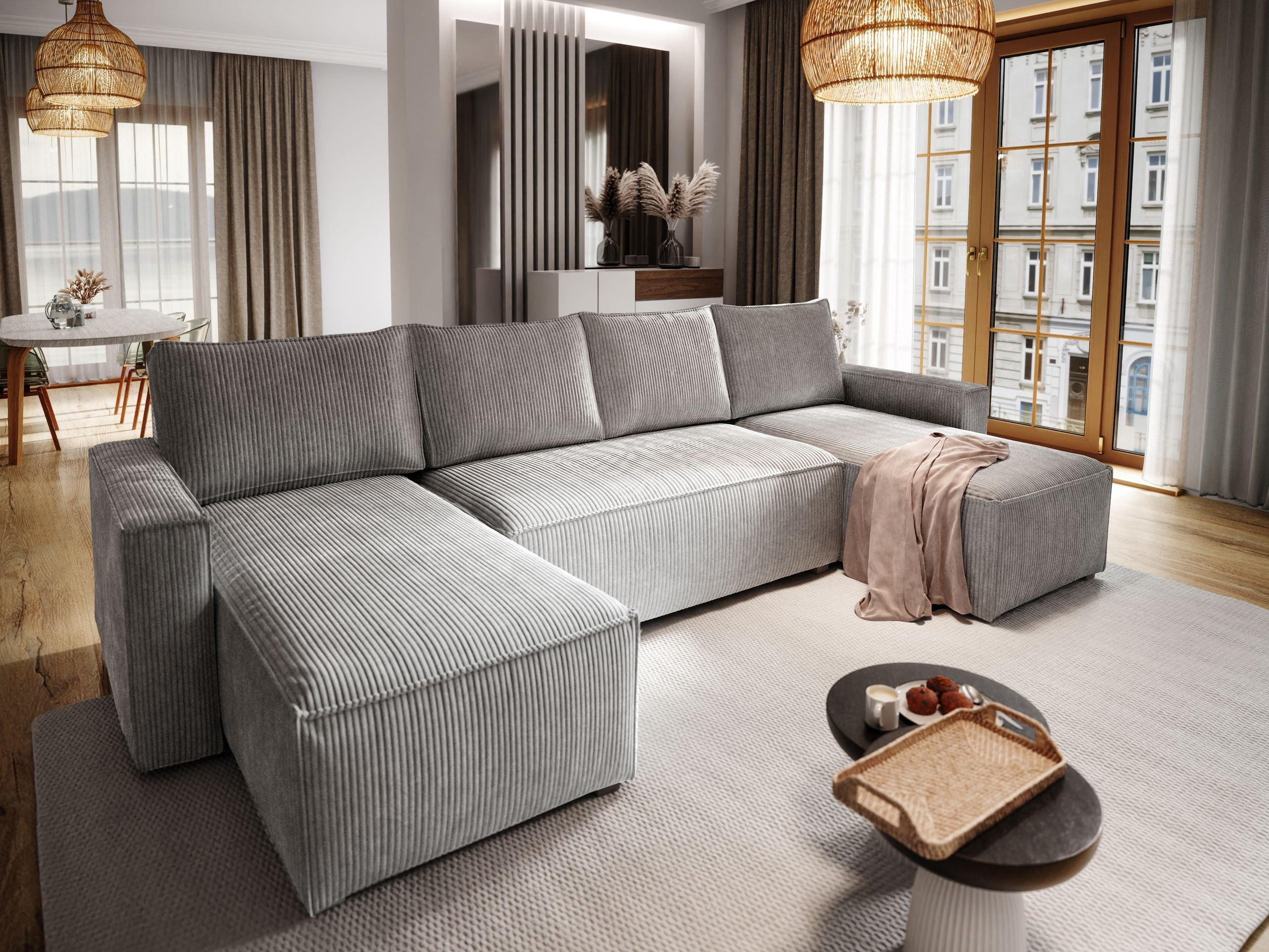 WOHNLANDSCHAFT ASPRA Hellgrau Kordstoff mit Schlaffunktion - Hellgrau, Holz (295/85/140cm) - MASSENO