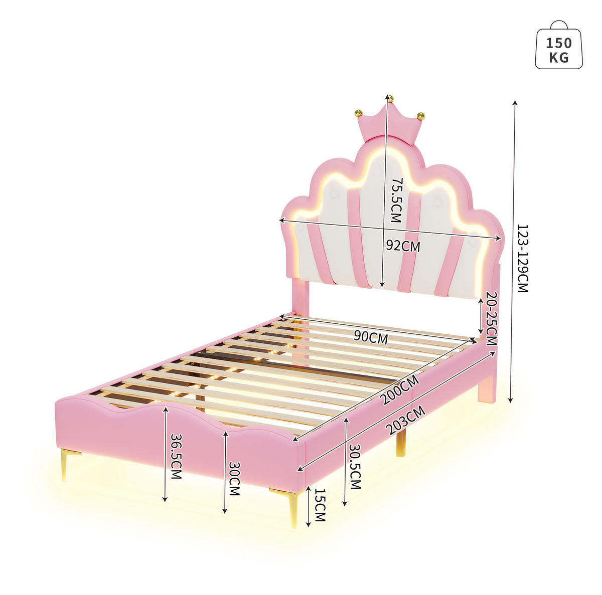 POLSTERBETT 90/200 cm mit LED-Beleuchtung, Kronen-Kopfteil aus PU-Kunstleder, Rosa - Rosa, Kunststoff (90/200cm) - Redom