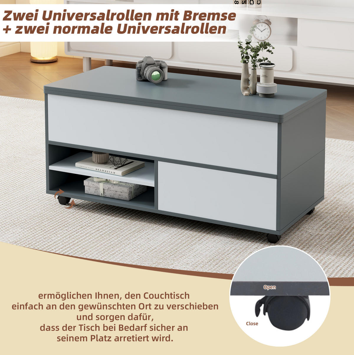 KONFERENČNÍ stolek 100/98/65 cm šedobílý z dřevotřísky s hydraulickým zdvihem a úložným prostorem - šedá, kompozitní dřevo (100/98/65cm) - OKWISH