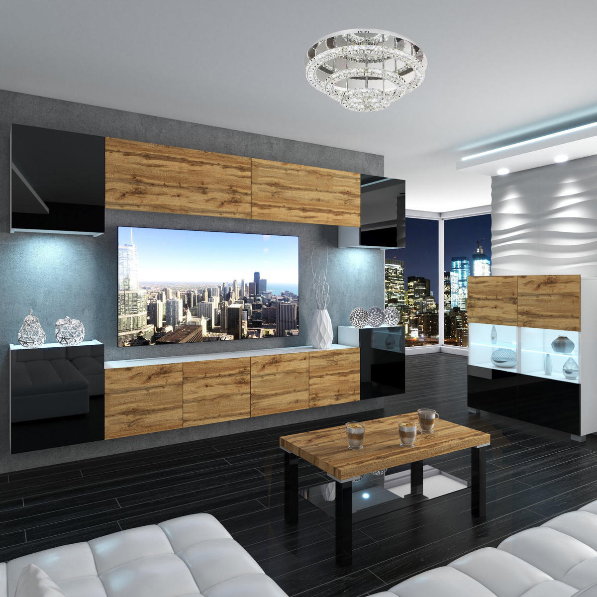 WOHNZIMMERWAND Schrankwand mit LED Schwarz / Wotan Eiche Top - Schwarz/Braun, Holz (300/180/36cm) - B BELINI GROUP