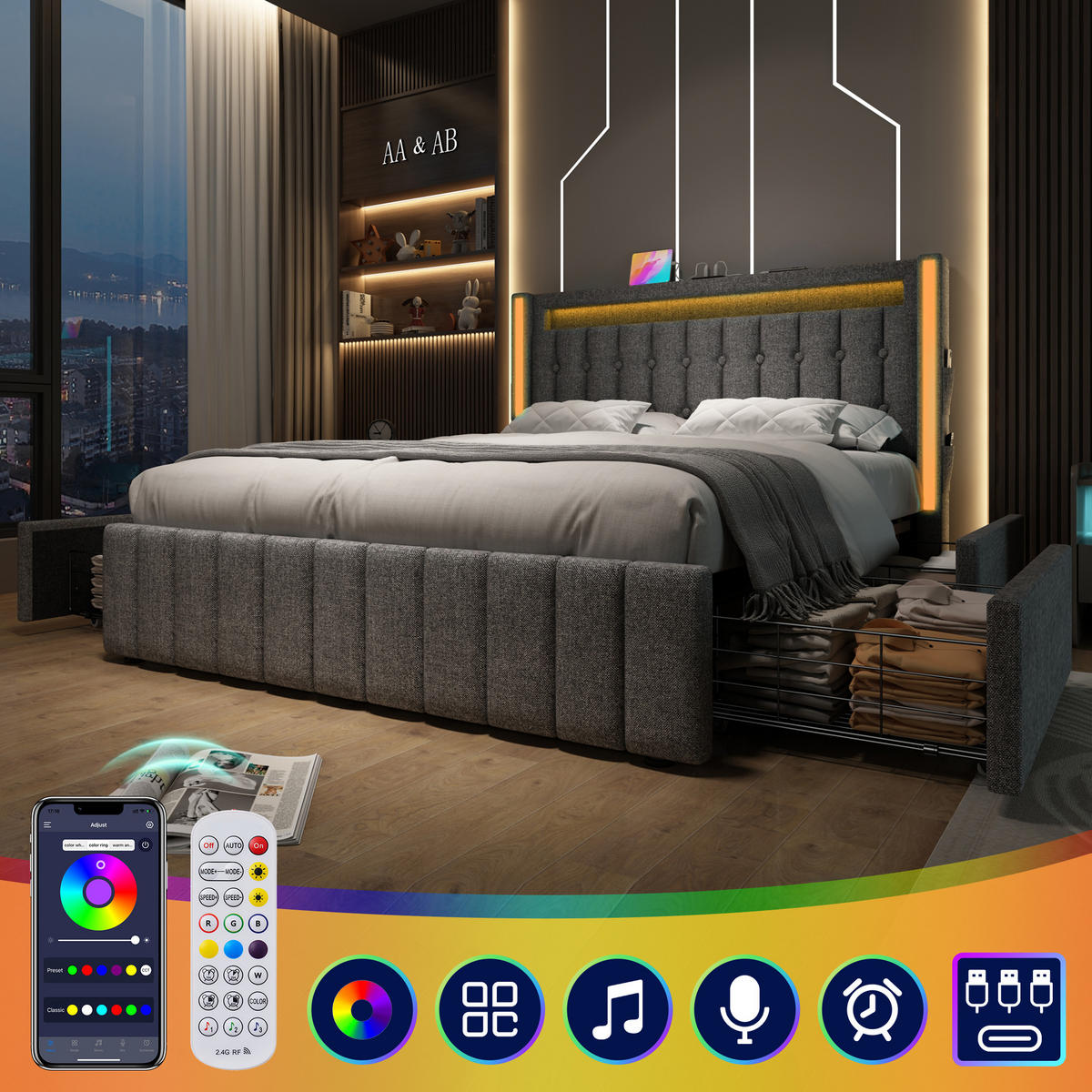 POLSTERBETT 140/200 cm Grau mit USB-Ladefunktion und LED-Beleuchtung mit Matratze - Grau, Textil (140/200cm) - OKWISH