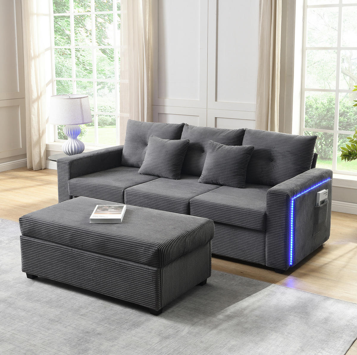 SOFA mit LED und Ottoman L-Form Cord Antique Gray 5-Kissen-Set - Grau, Kunststoff (184/85.5/84.5cm) - Meubliv