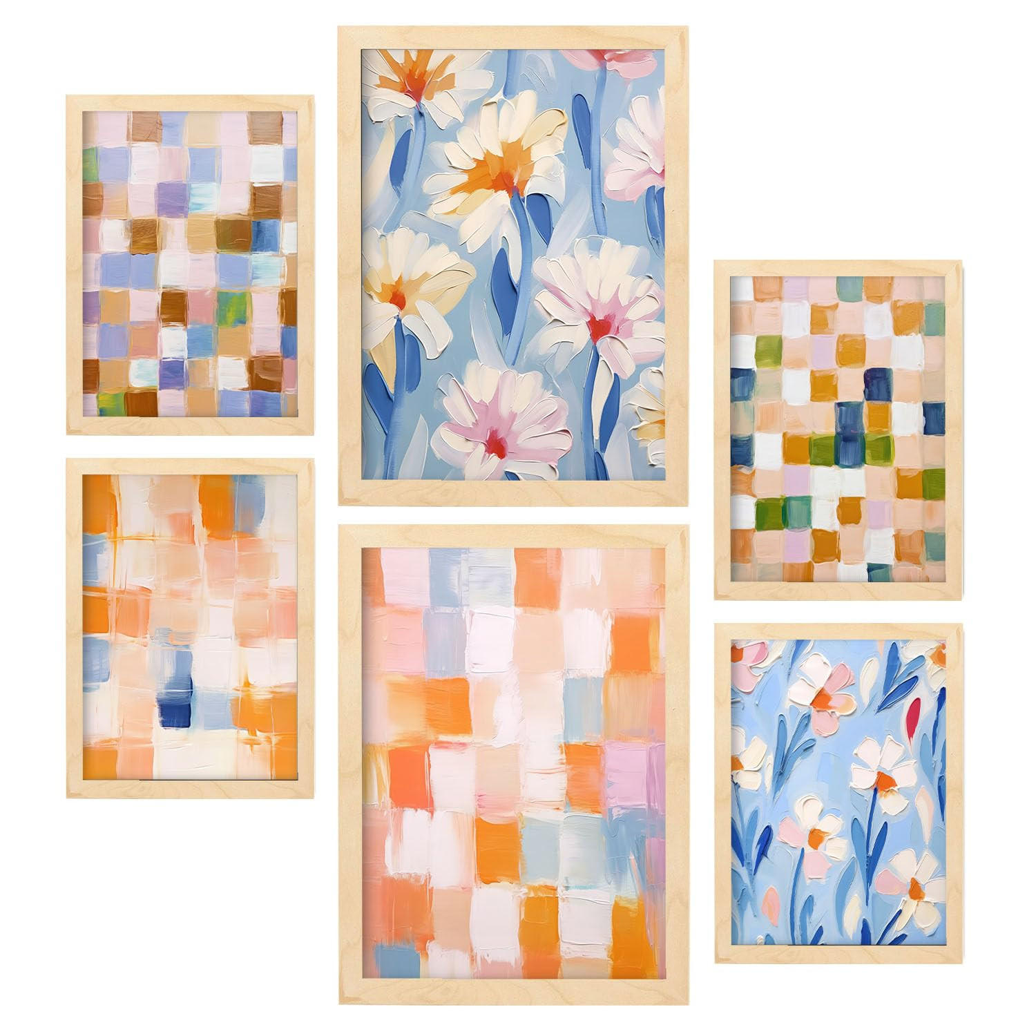 POSTER Set Mit 6 Orange & Blau Mosaik 1 In Zusammenfassungen A3 & A4 Rahmen Aus Hellem Holz - Beige, Papier (29/3cm) - Nacnic