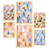 POSTER Set Mit 6 Orange & Blau Mosaik 1 In Zusammenfassungen A3 & A4 Rahmen Aus Hellem Holz - Beige, Papier (29/3cm) - Nacnic