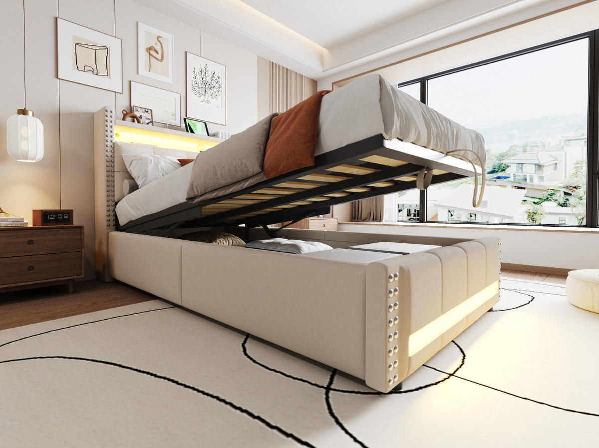 POLSTERBETT 90/200 cm Beige aus Leinenstoff mit LED, USB und Stauraum - Beige, Textil (90/200cm) - OKMYHOME